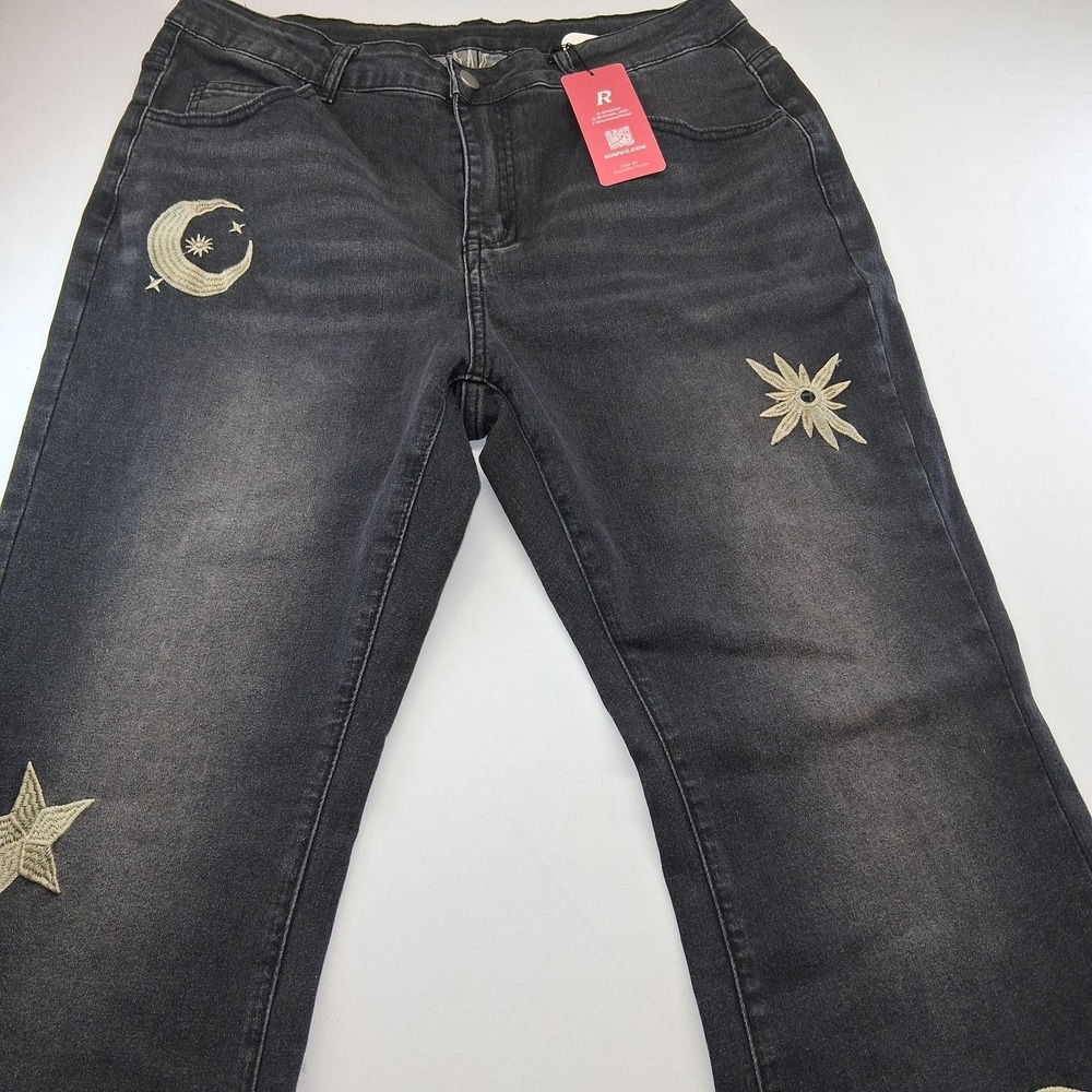 ROMWE Flared Jeans Blue Medium Wash Embroidered Denim 1XL